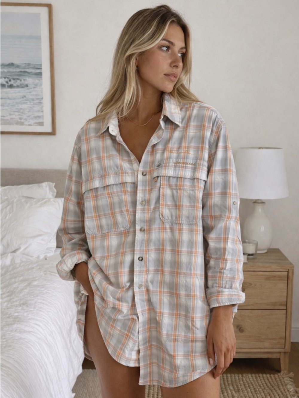 LL Bean Oversized Boat & Beach Fishing Shirt Coastal Plaid Outdoor Button Down